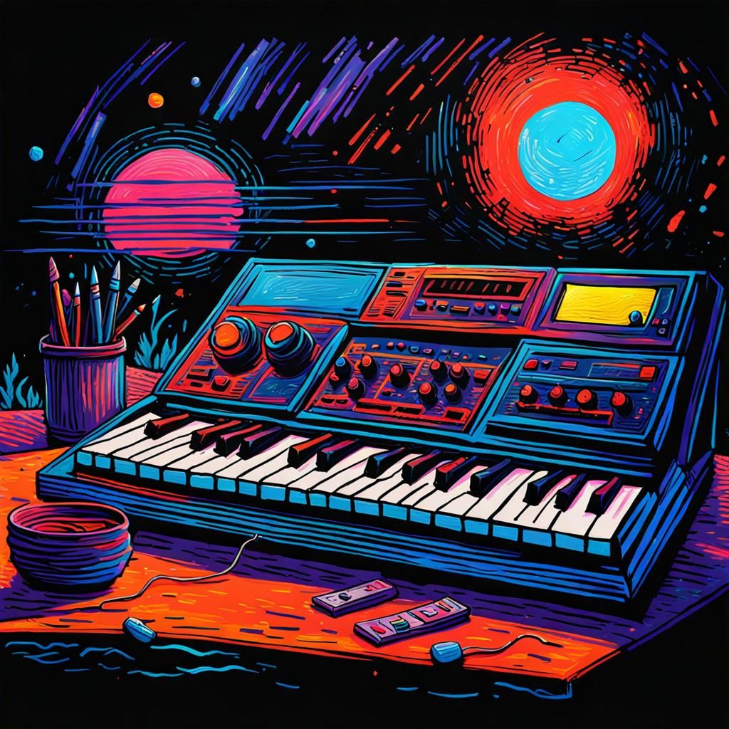 1980s Synthesizer in Impasto Blacklight Style