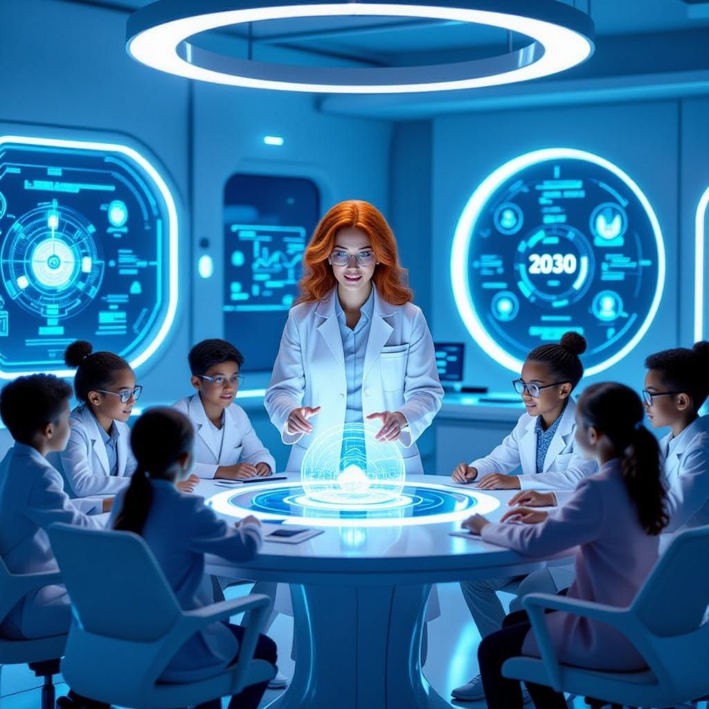 Futuristic Classroom with AI and Children in 2030