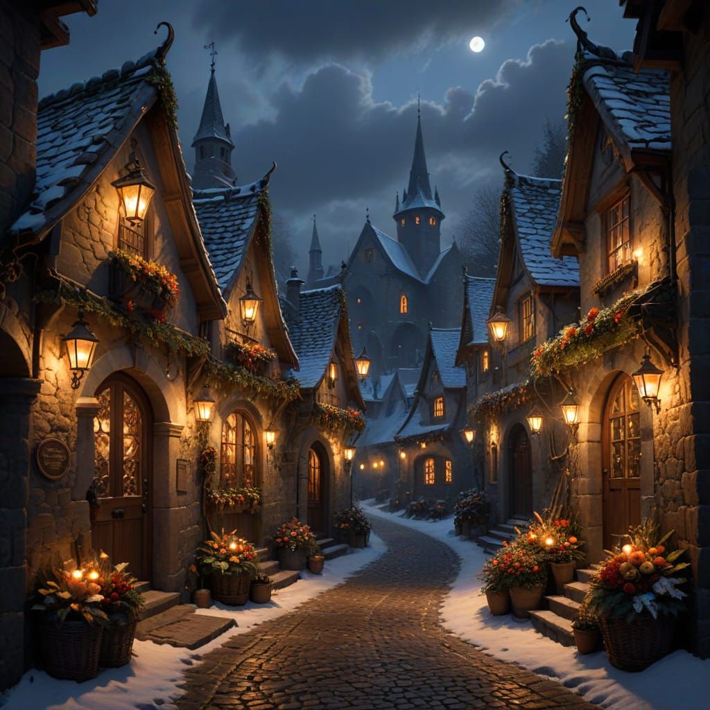 Enchanting Village at Night with Lanterns