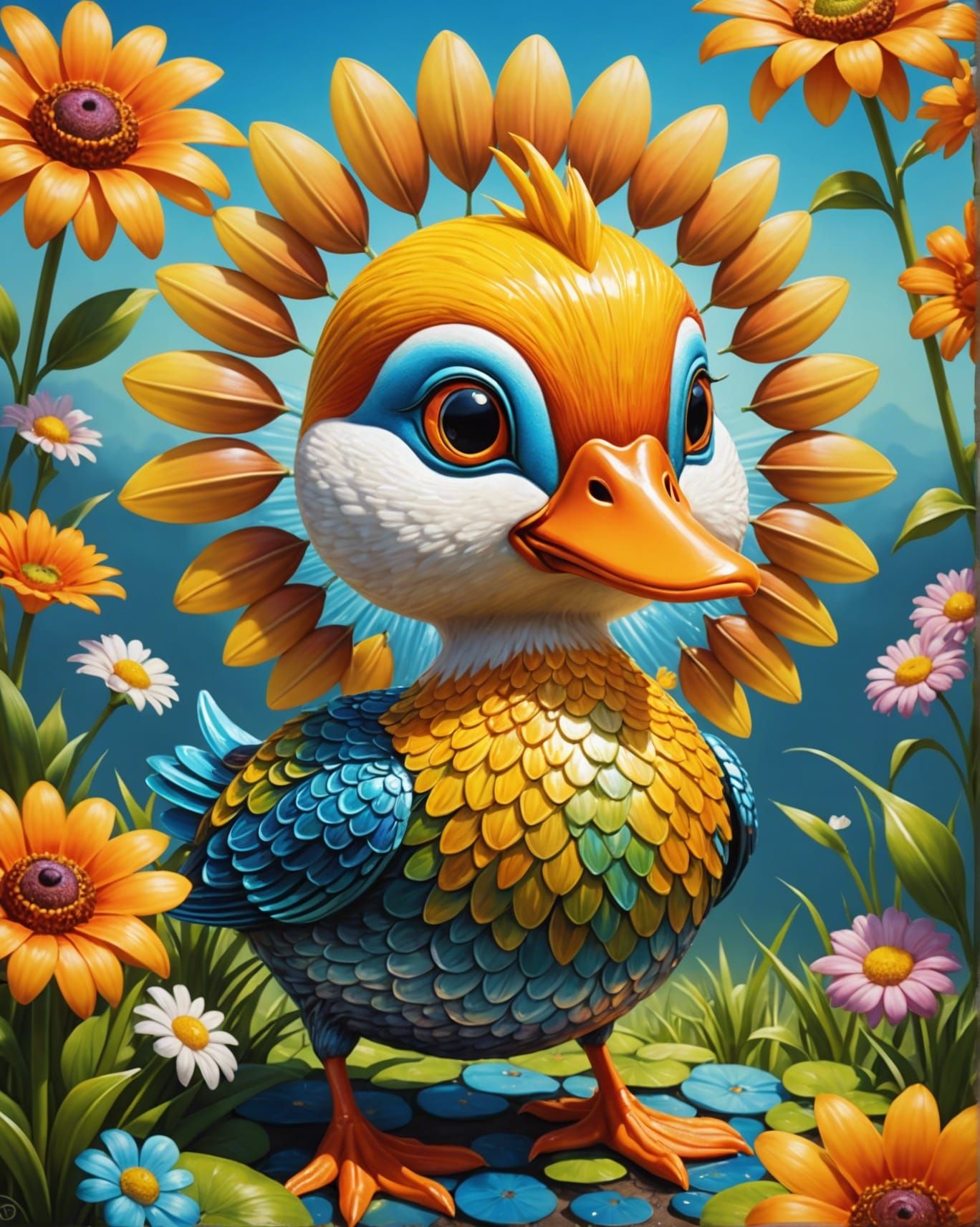 Cute Duck-Faced Sun in an Acrylic Fantasy Garden