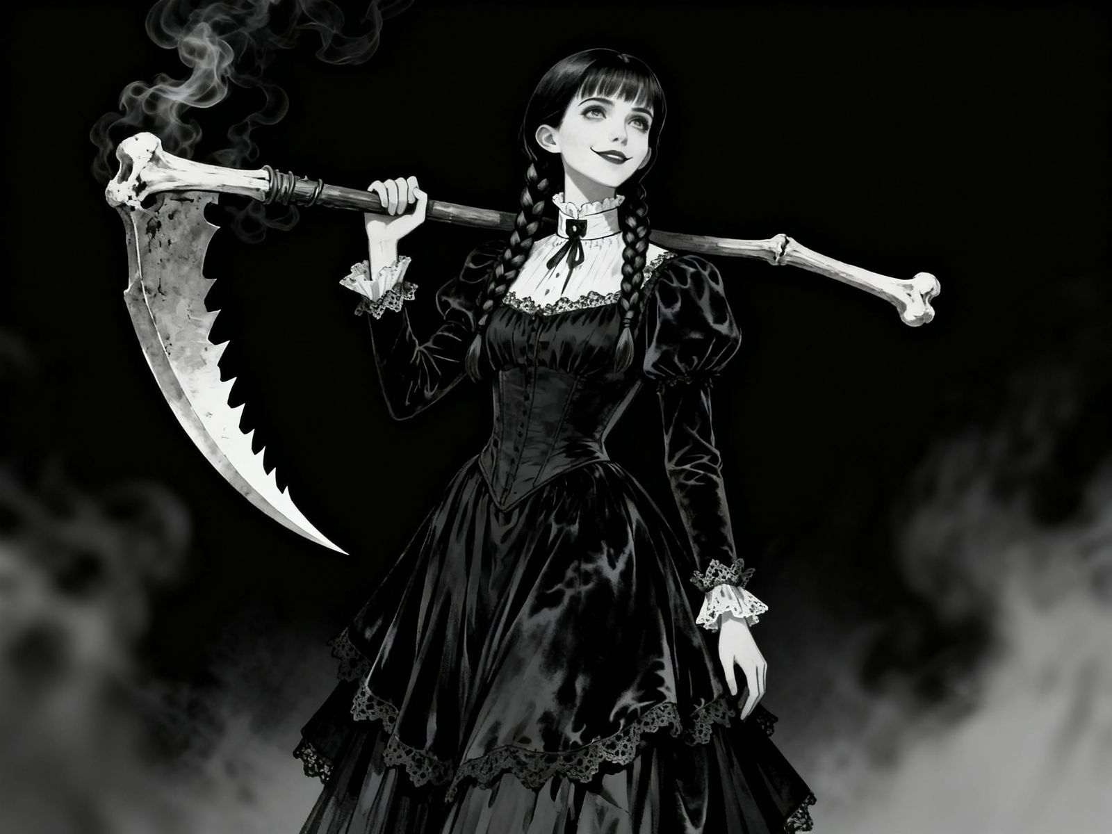 Wednesday Adams with Grim Reaper Scythe in Black Dress