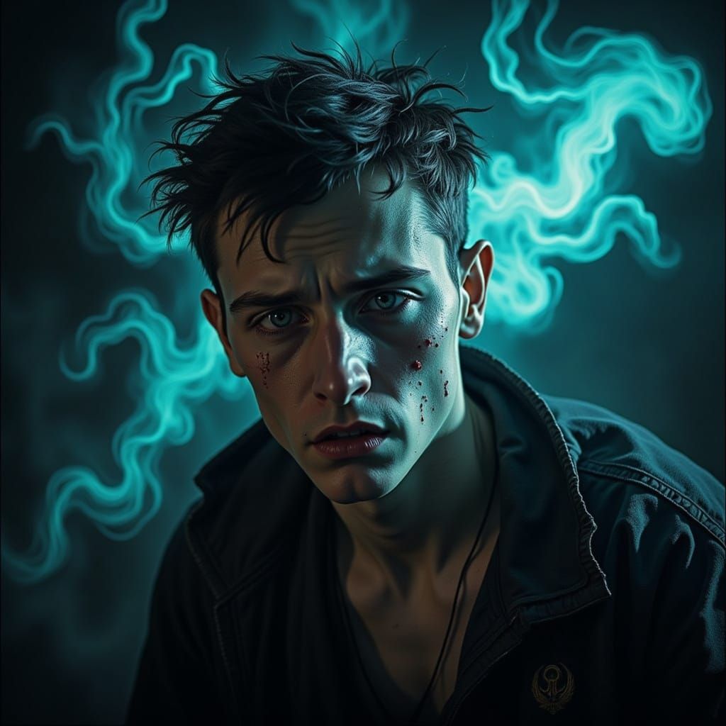 A portrait with a mystical aura and frightening atmosphere young man harassed and threatened by Glowing <lora:Bishop Nig...