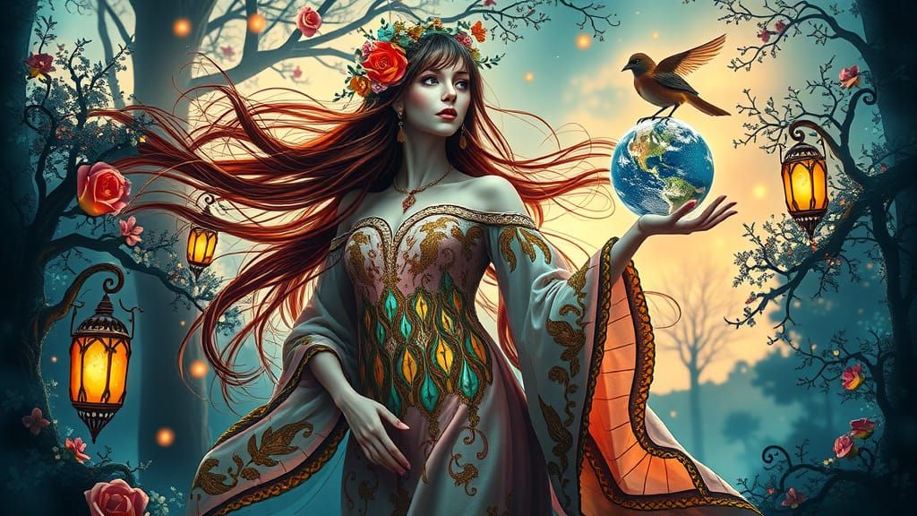 Dancing Woman with Flowers in Klimt Style