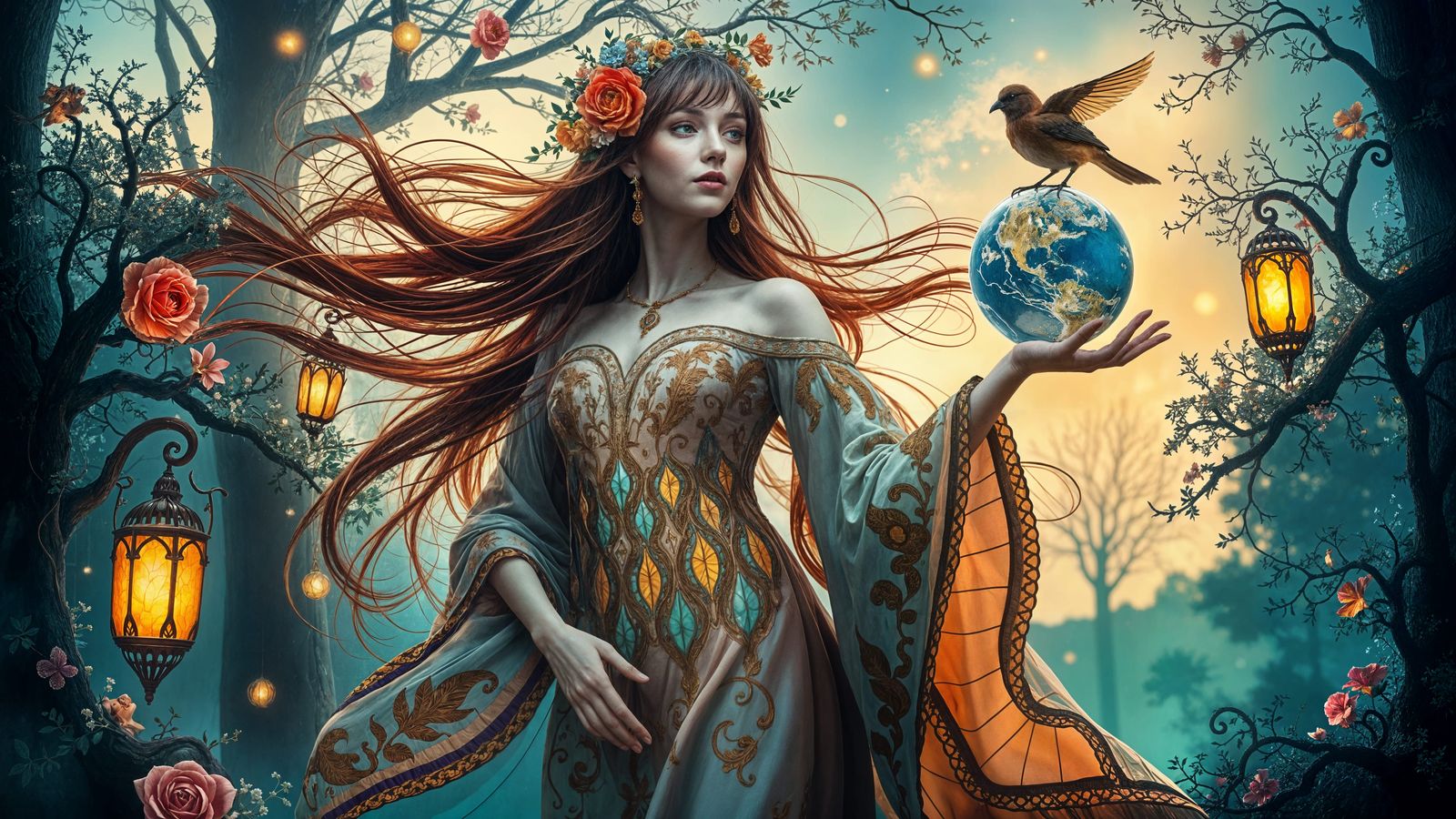 Dancing Woman with Flowers in Klimt Style