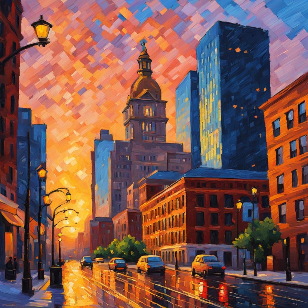 Neo-Impressionist Indianapolis Cityscape in Golden Hour