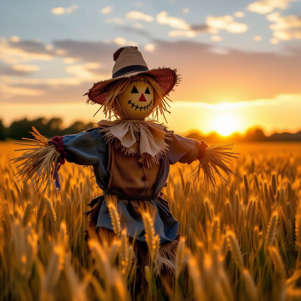 Impressionistic Scarecrow in Golden Wheat Field at Sunset