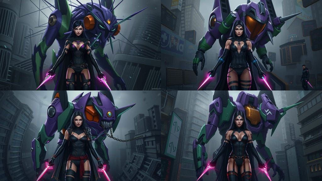 Cyberpunk Psylocke with Evangelion Mech in Dark Urban Landsc...