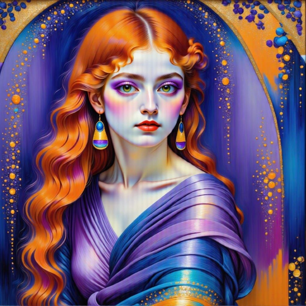 Klimt Style Gypsy Woman with Red Hair and Gold Detail