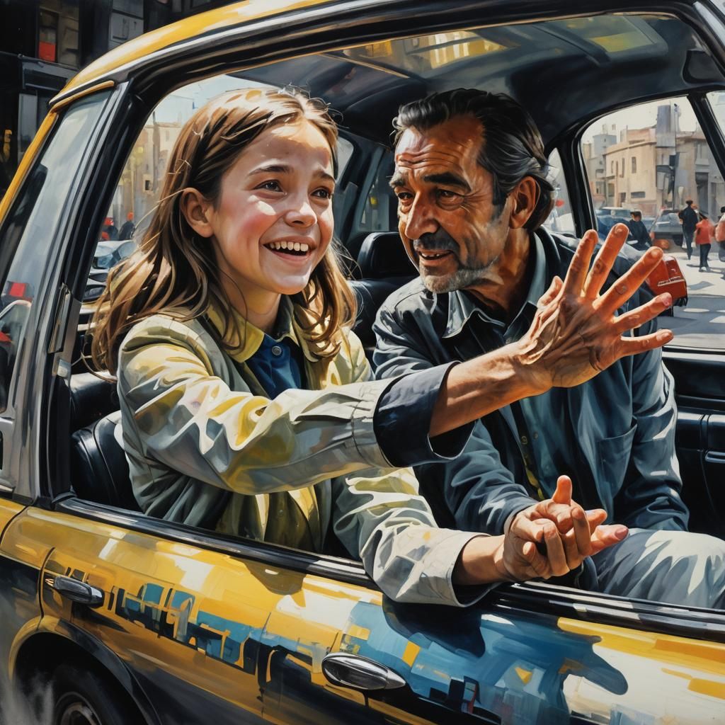 Monochrome Oil Painting: Girl Greets Taxi Driver Father