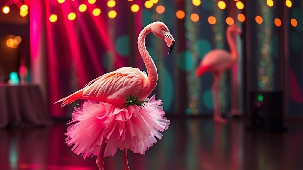 A Flamingo wearing a Dance Dress for a party
