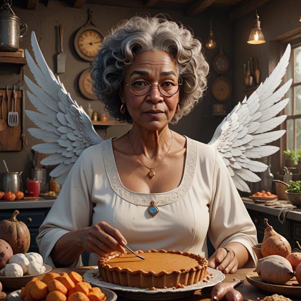 Black Grandmother Cooking Pie with Angel Wings