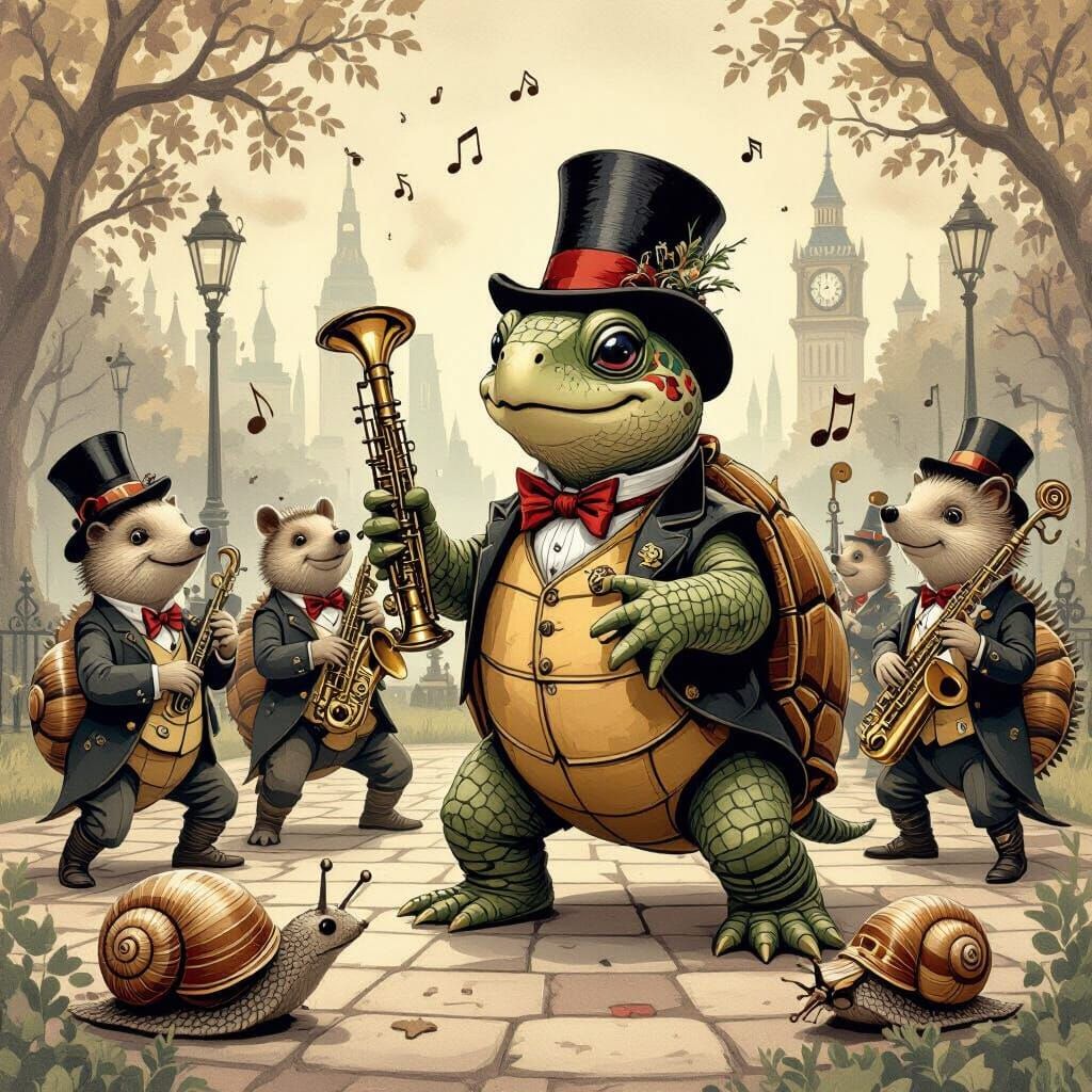 Steampunk Turtle Conducts Brass Band in Sepia Tones