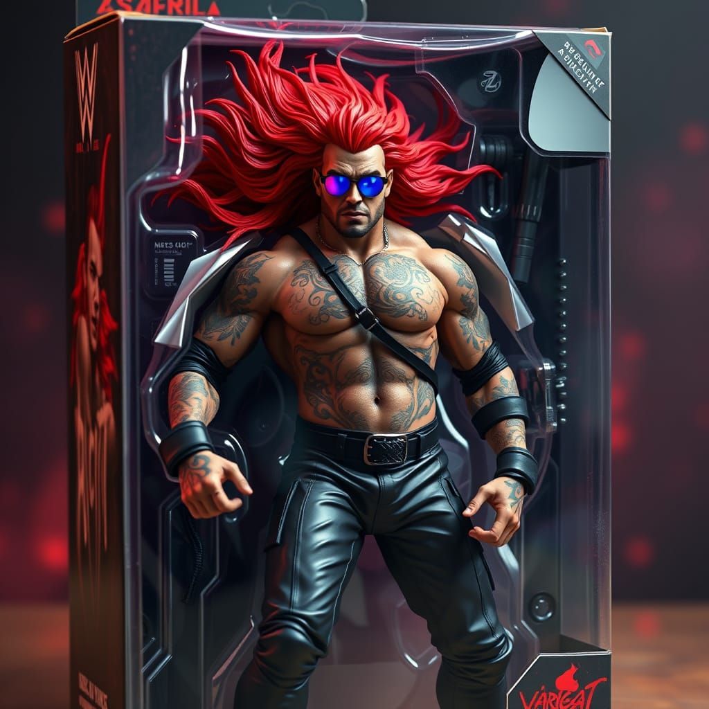 Gothic Wrestler in Cyberpunk Attire, Tribal Tattoos, and Glo...