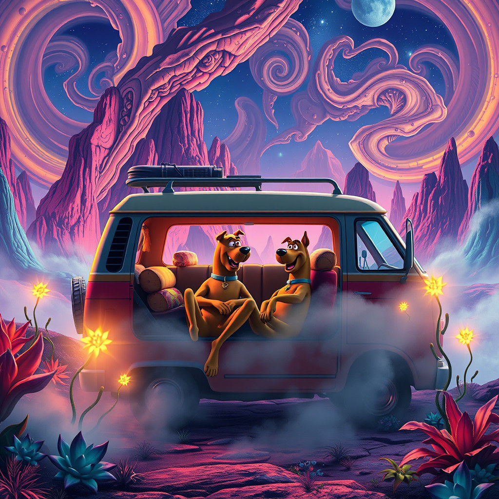 Scooby and Shaggy in Psychedelic Mystery Van Landscape