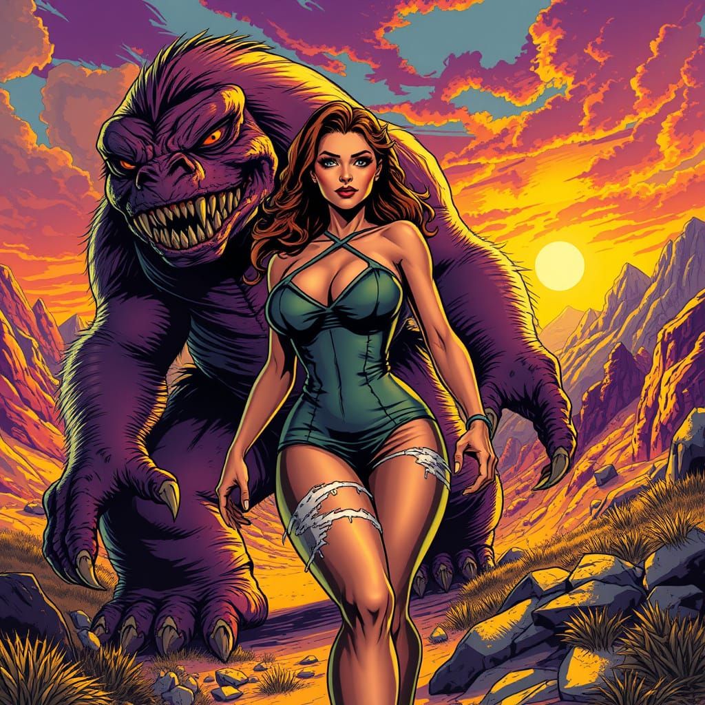 Confident Woman Leads Hulking Monster Through Treacherous La...