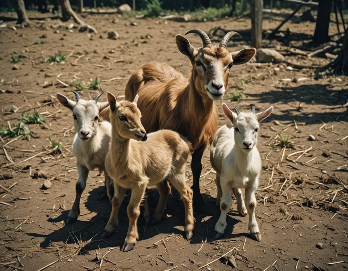 Triplet Goat-Duckling Hybrids with Mother: Cinematic Still