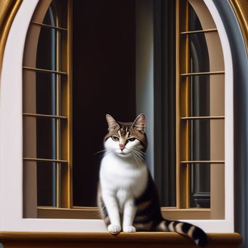 Fluffy Tabby Cat by Gothic Windowsill in Oil Painting Style
