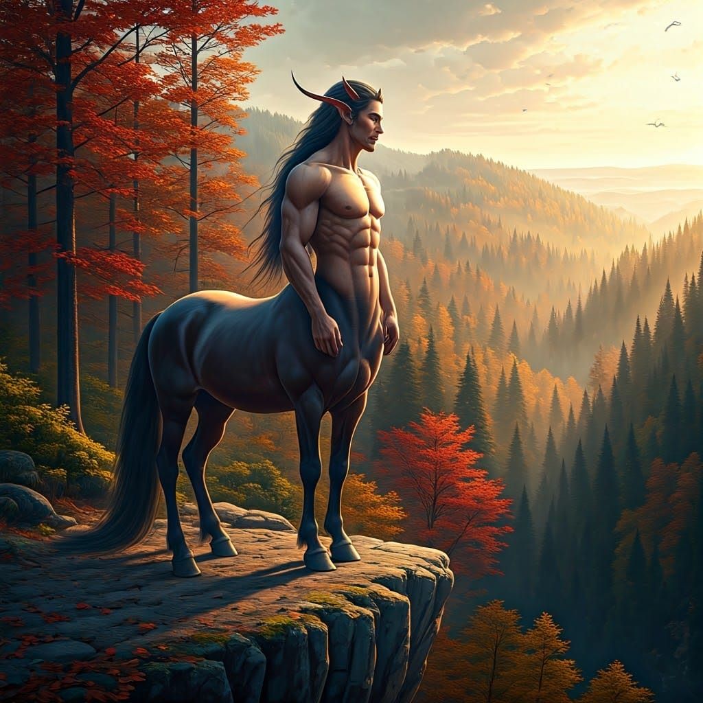 Centaur Overlooking Forest in Oil Painting Style