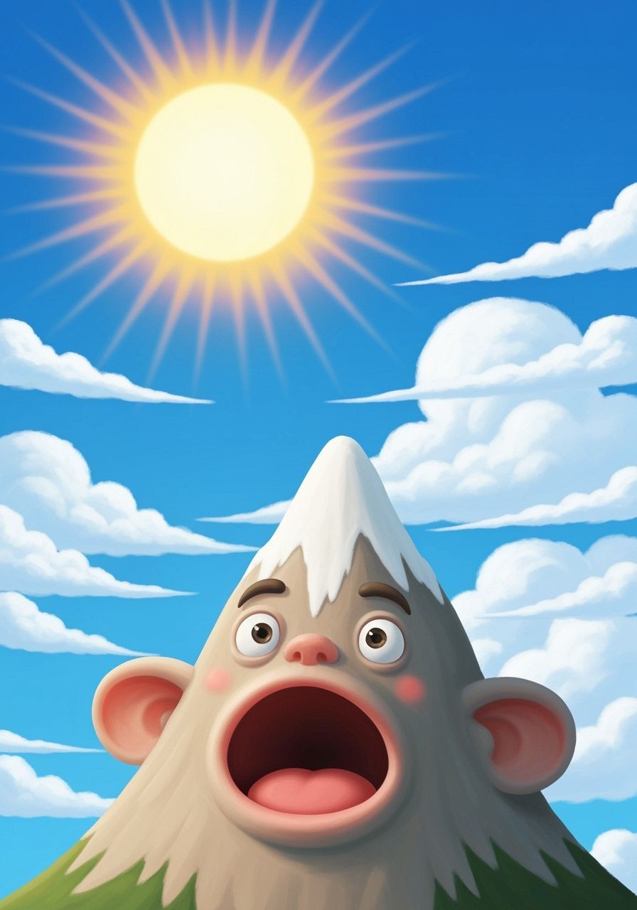 Whimsical Mountain Character Under Sunny Sky