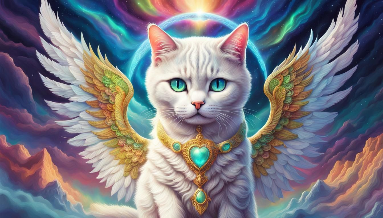 Heavenly Cat Angel with Psychedelic Wings