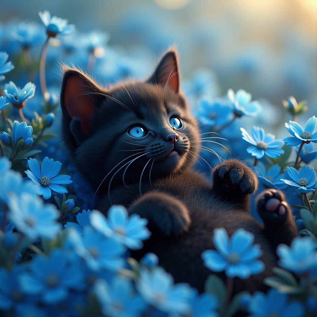 Adorable female black kitten with soft, fluffy whiskers and endearing facial features, laying on her back amidst a vibra...
