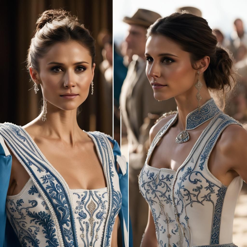Nina Dobrev in White and Blue Kefta Portrait