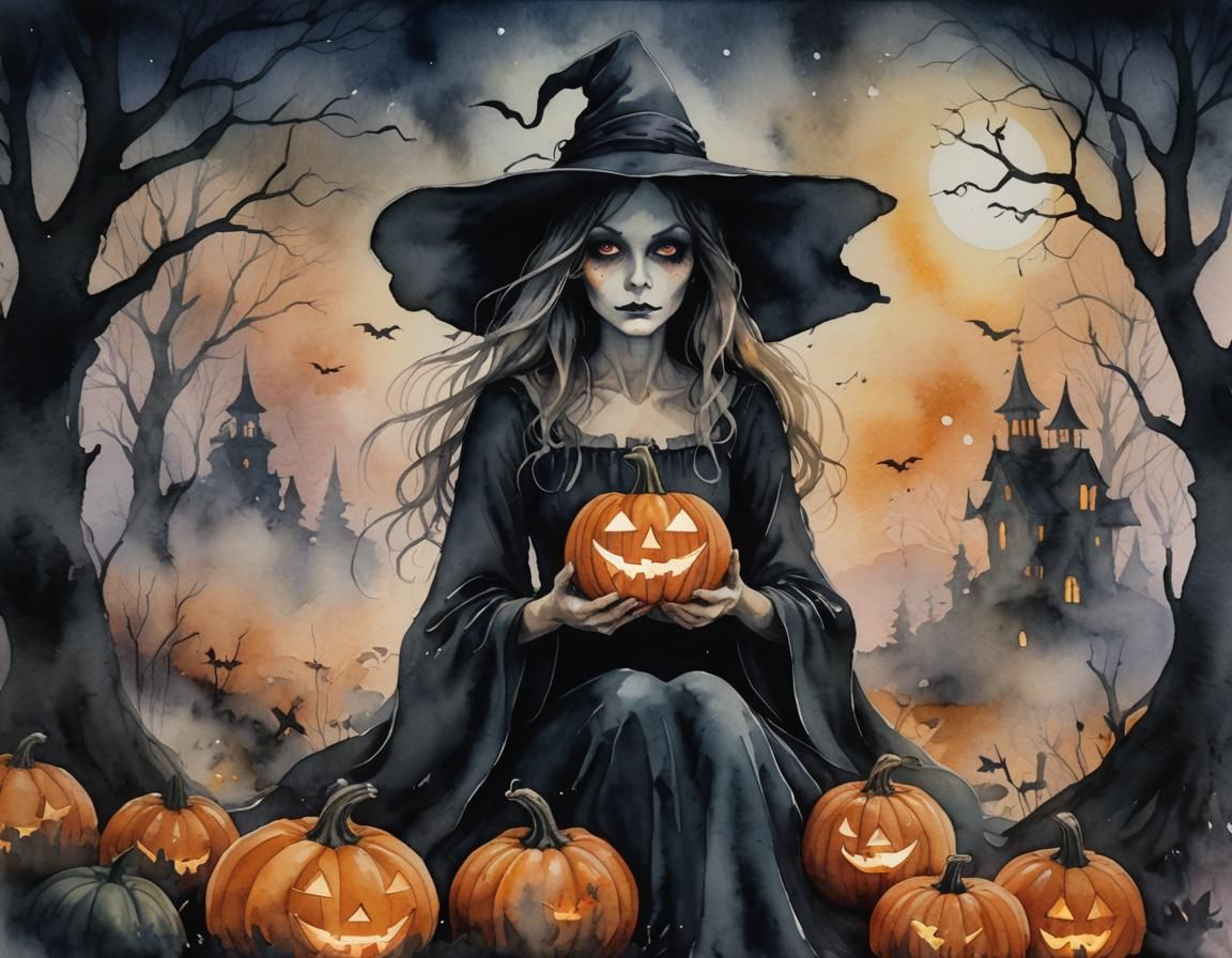 Eerie Watercolor Witch Portrait in Tim Burton Style