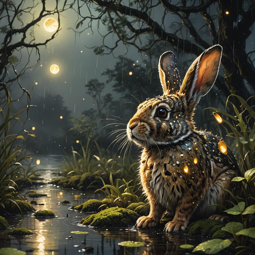 Speckled Rabbits in Magical Moonlit Swamp