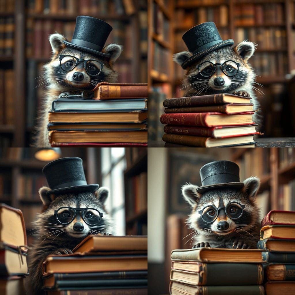 Raccoon Gentleman in Library: Hyperrealistic Portrait