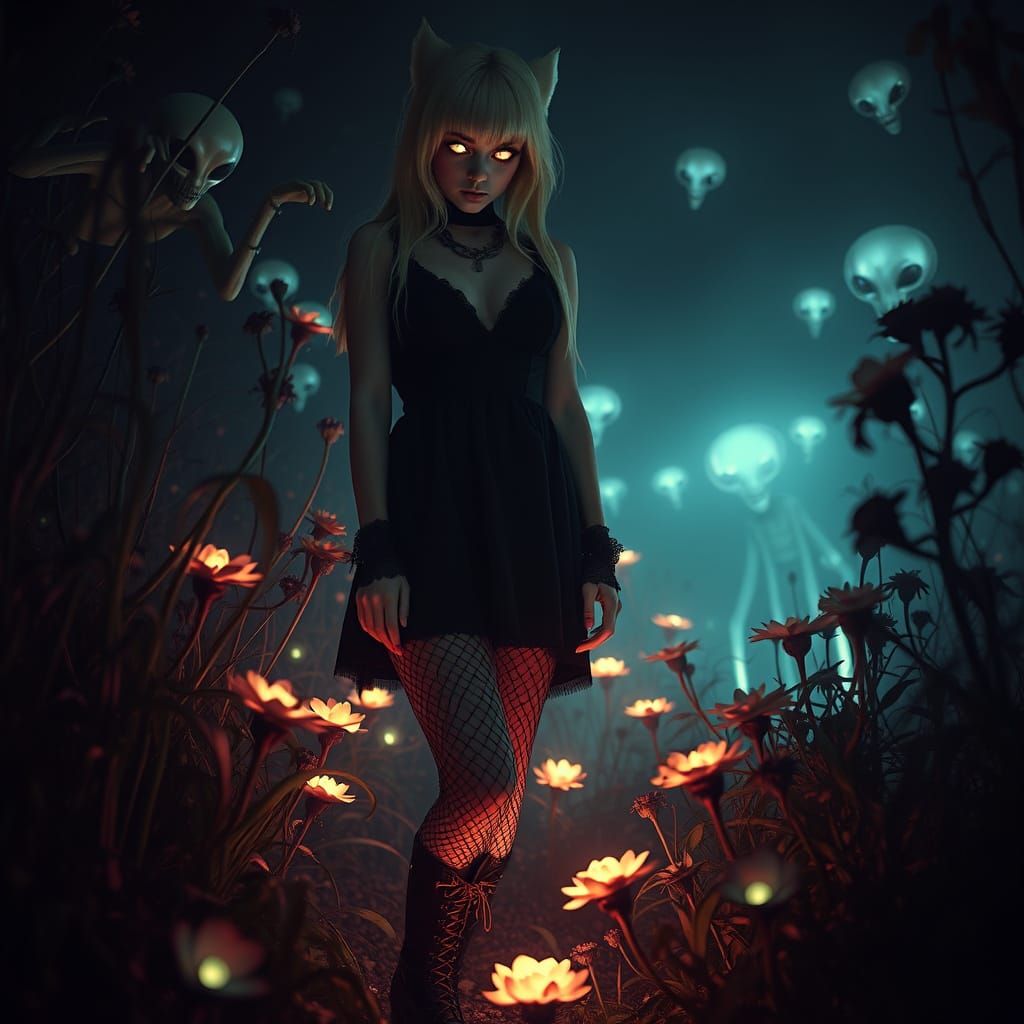 Ethereal Goth Woman with Glowing Eyes in Dark Photograph