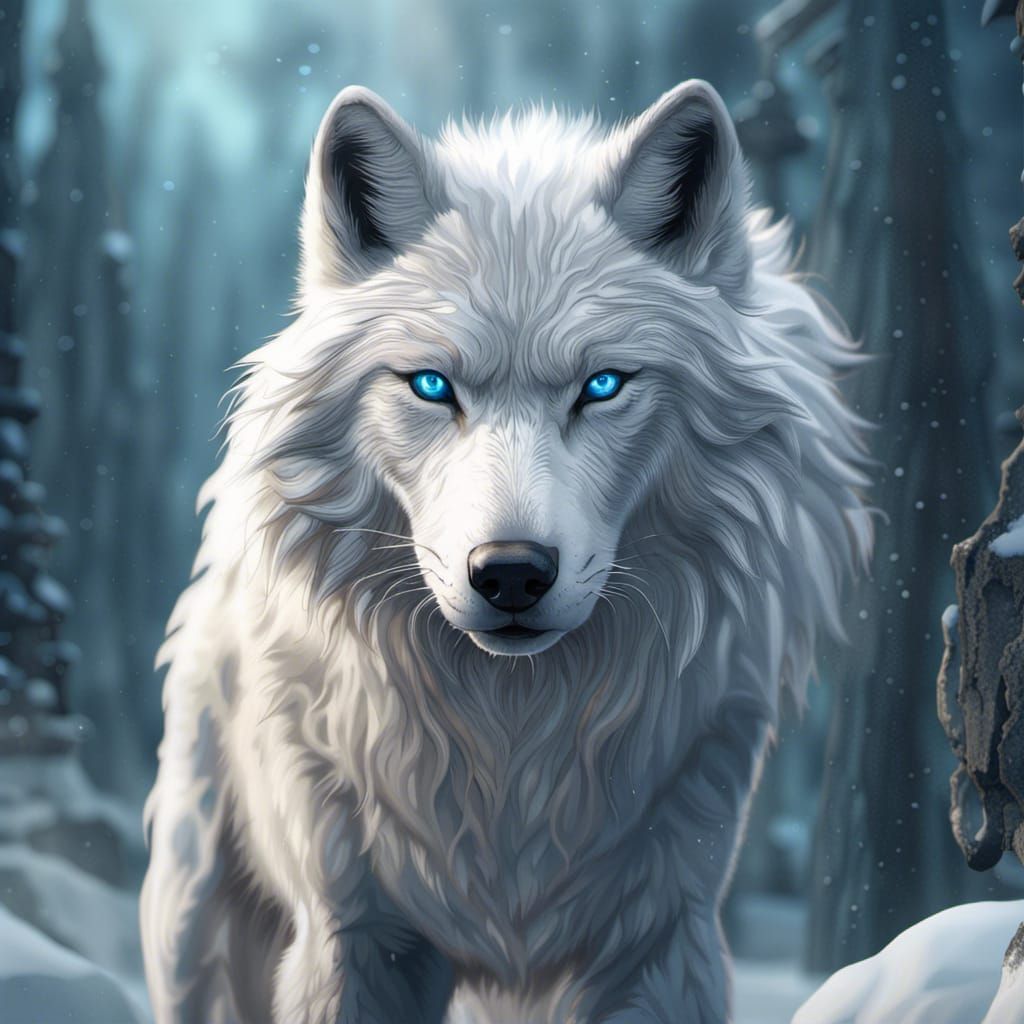 Blue-Eyed White Wolf in Snowy Landscape