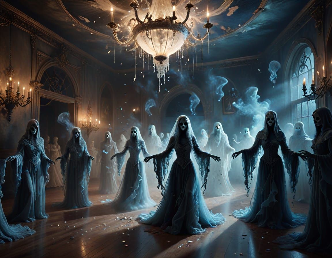 Surreal Ballroom Dance of Ghosts with Ethereal Textures