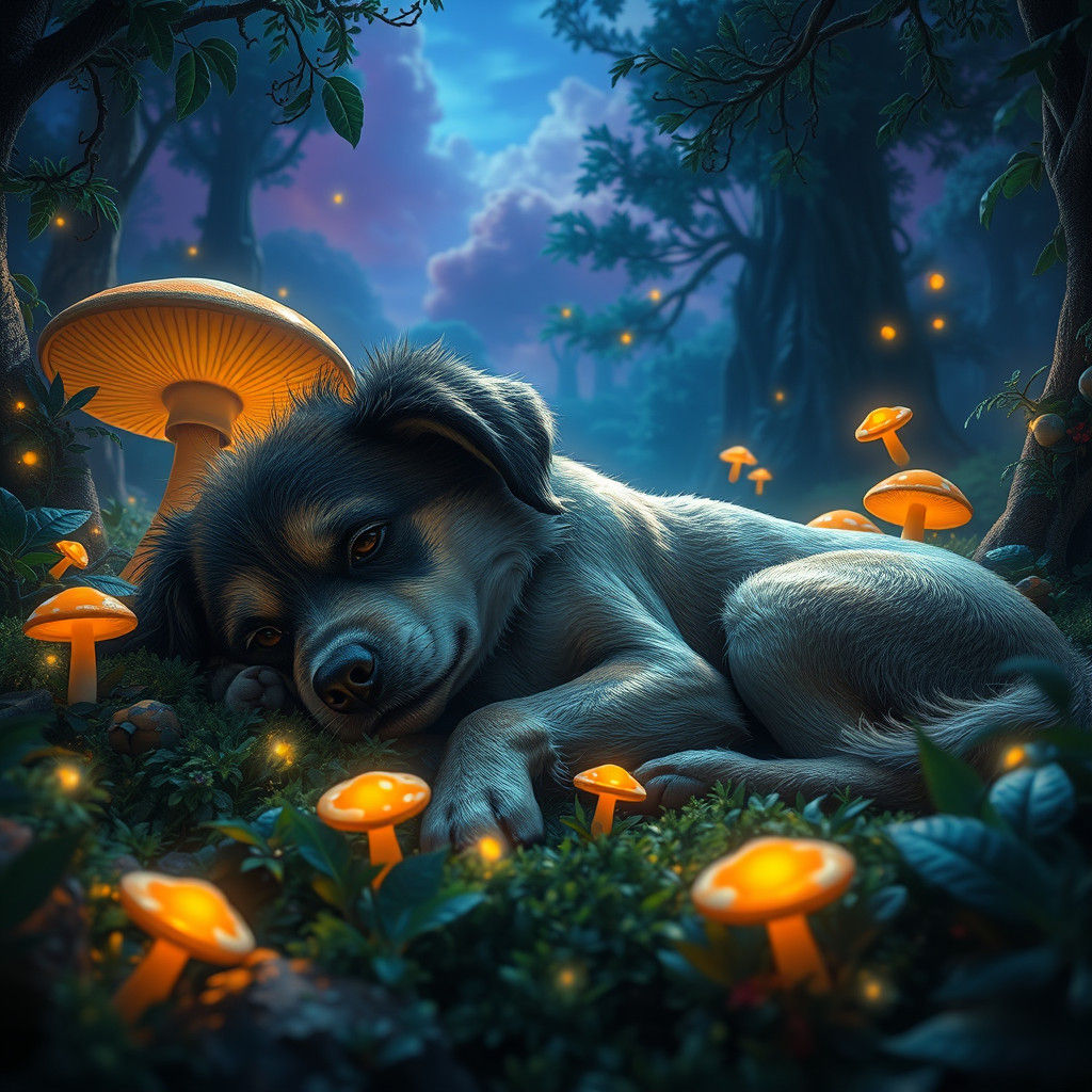 Exhausted Dog in Mystical Forest: Fantasy Concept Art