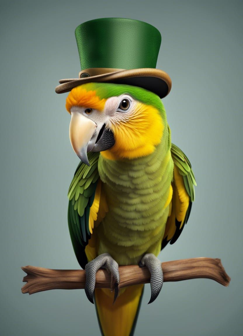 Skeptical Parrot with Top Hat in Hyperrealism