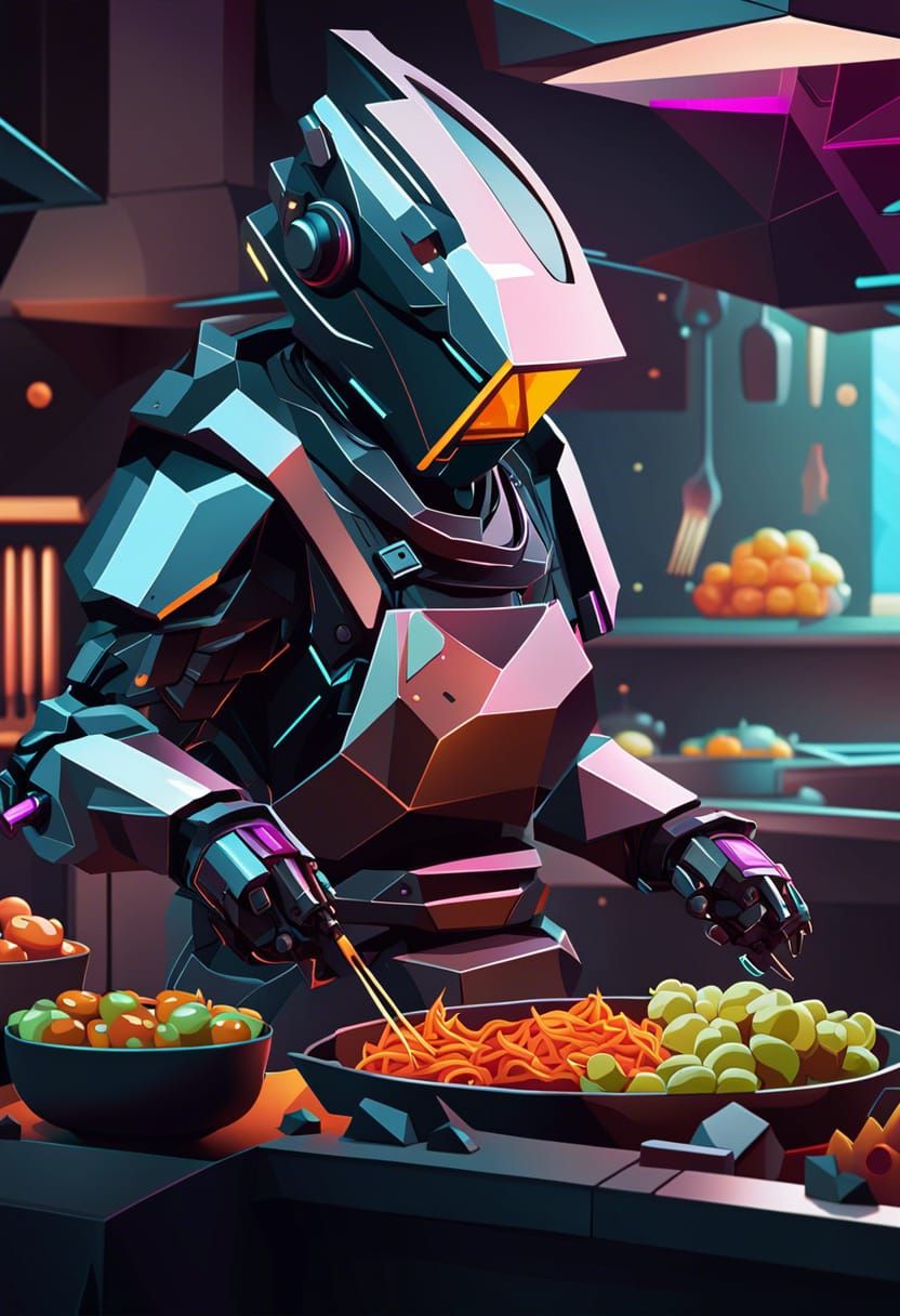 Cyberpunk Robot Chef in Abstract Vector Art