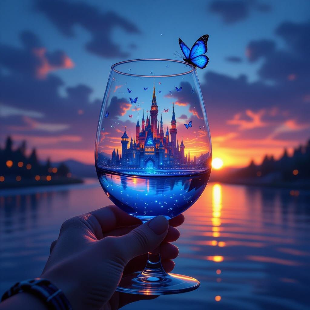 Magical Cityscape Reflected in Wine Glass