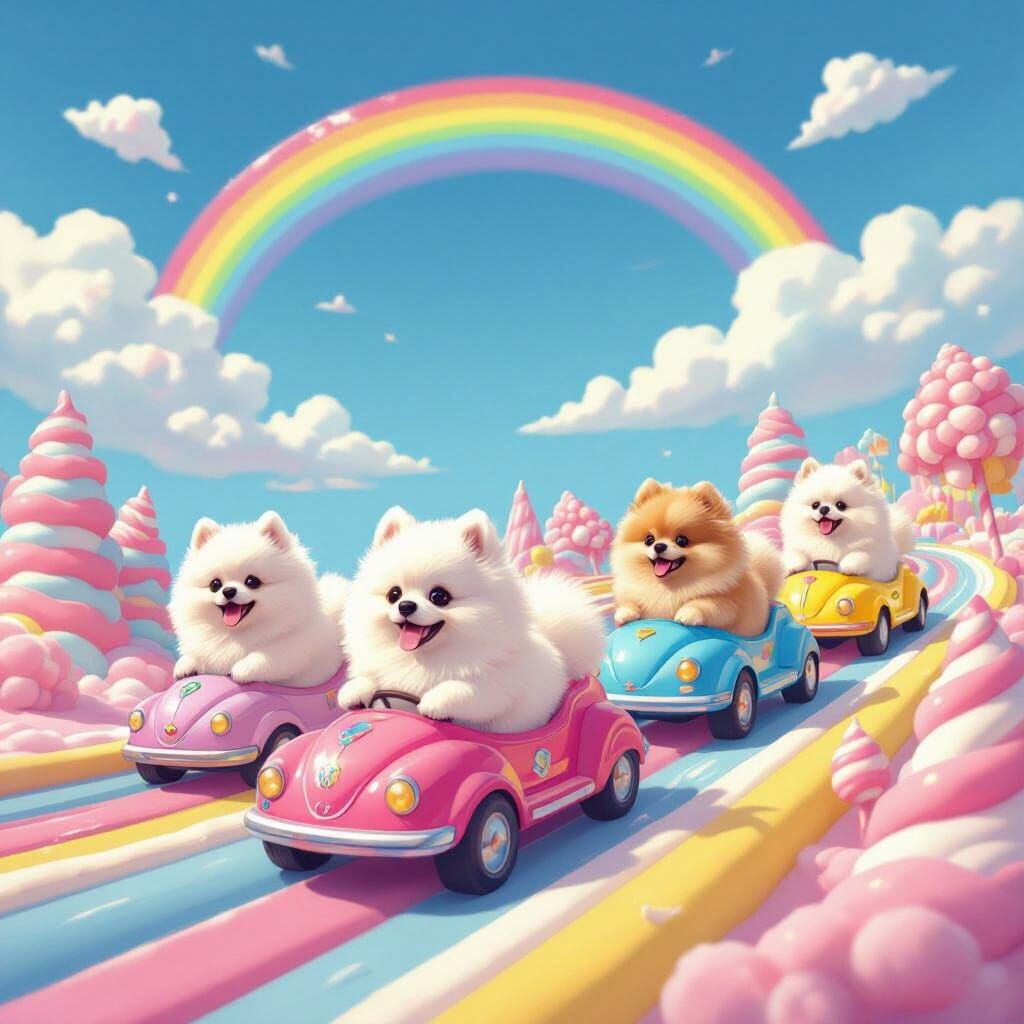 Pomeranians Drive Bumper Cars Under Rainbow in Candyland