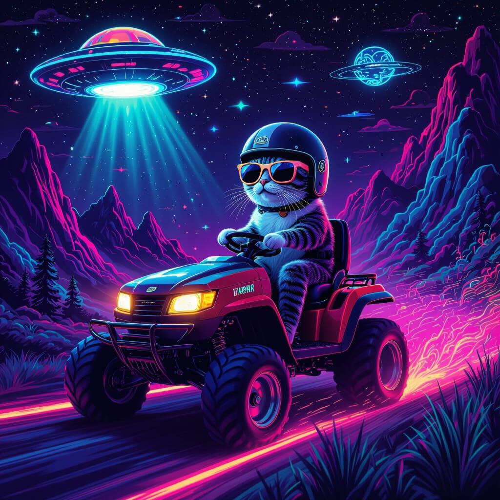 Psychedelic Cat Rides Lawnmower in Black Light Style