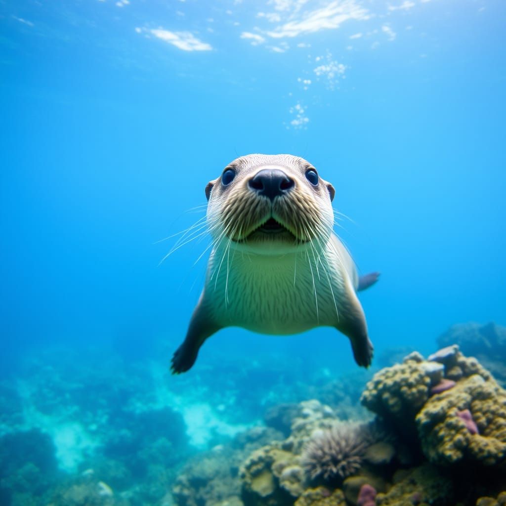 Otter Swimming Underwater Near Coral Reef