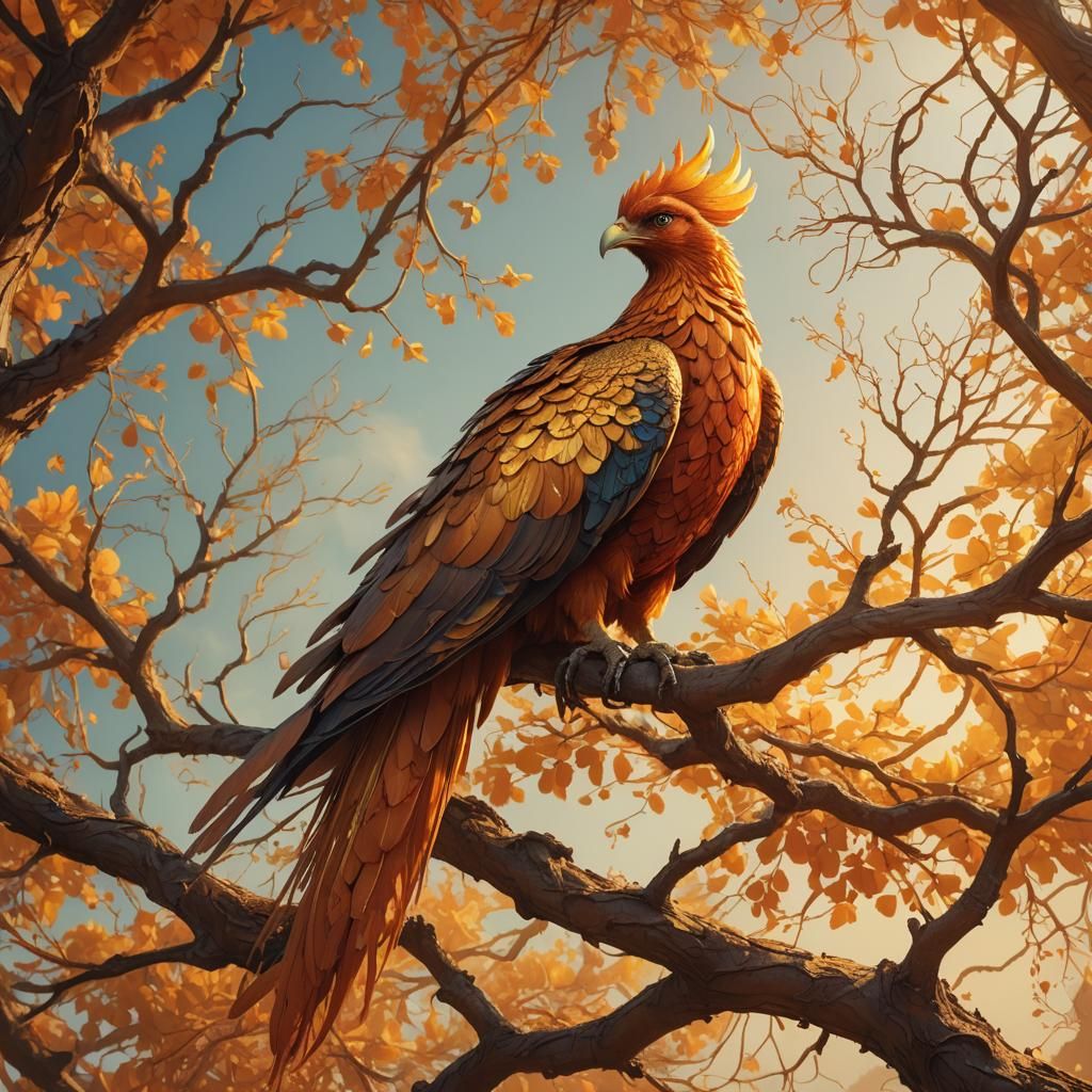 Phoenix on Branch: Detailed Matte Painting