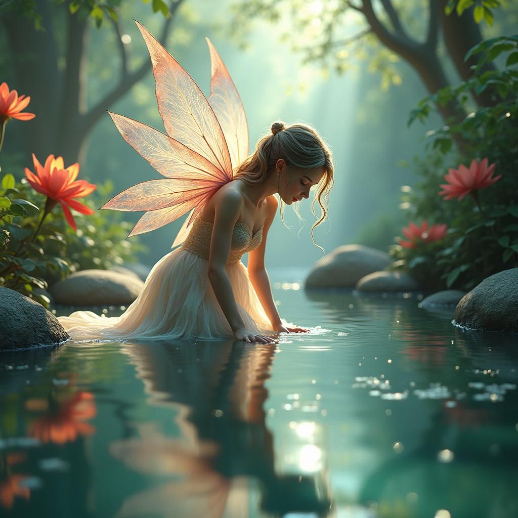 Ethereal Fairy Gazing at Pond Reflection