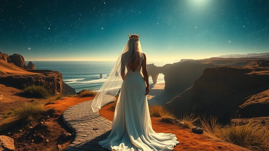 Bride on Rocky Beach Under Starry Sky
