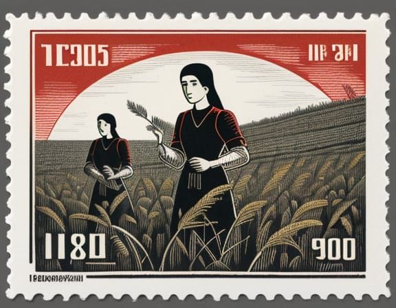 Soviet Era Women Harvesting Field Stamp Illustration