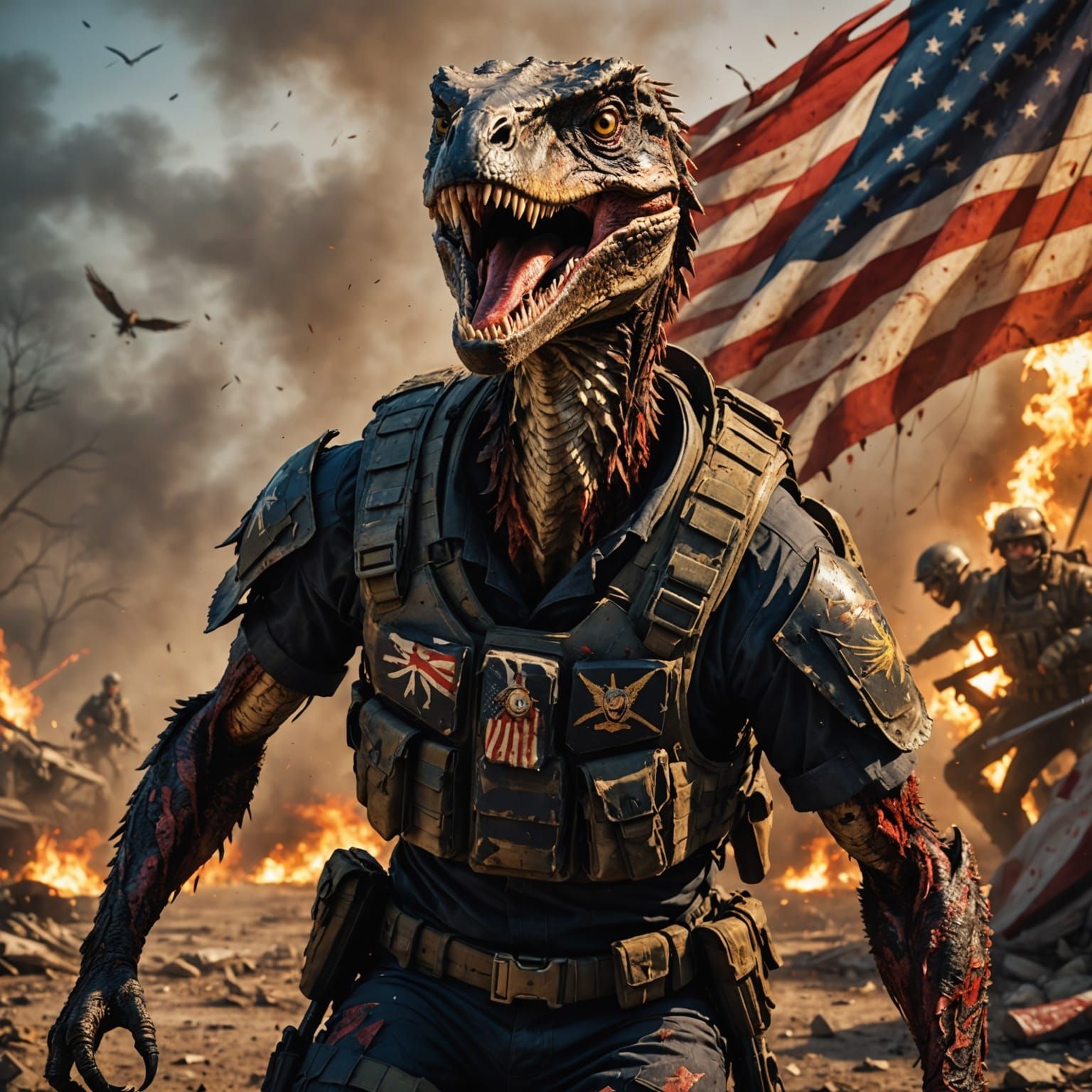 Velociraptor in SWAT Gear, Battling on a Blood-Soaked Battle...