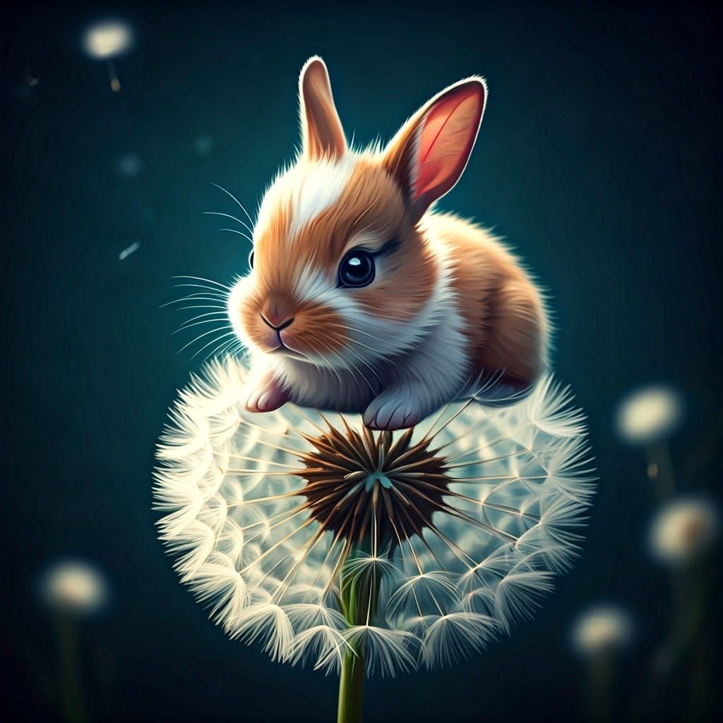 Whimsical Bunny Amidst Vibrant Dandelion Blooms in Dreamlike...