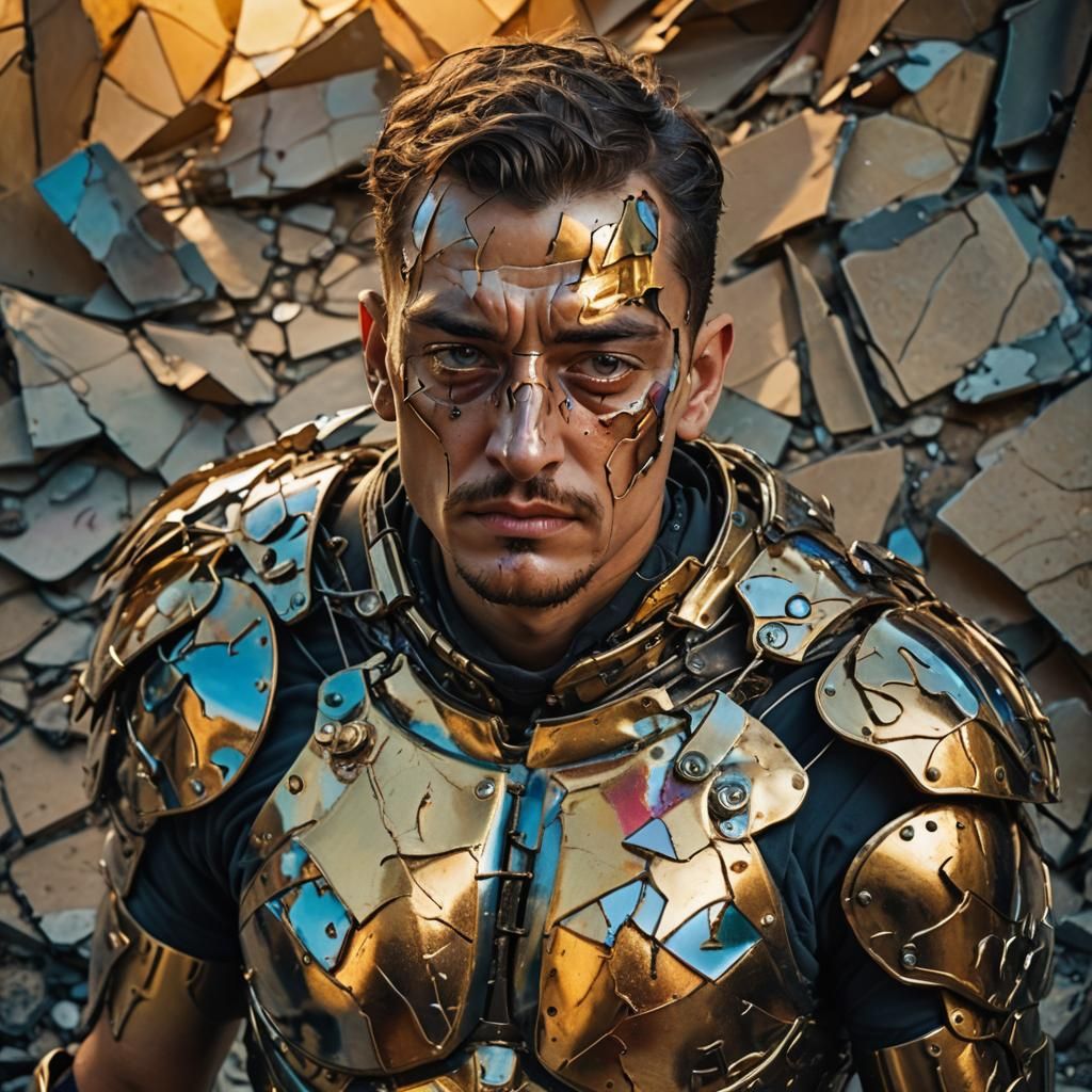 Resilient Warrior in Shattered Armor: Surreal Oil Painting