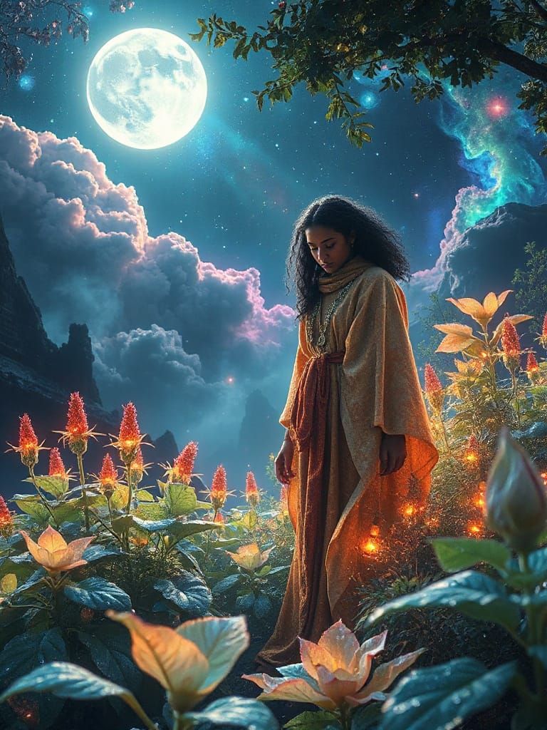 Cosmic Herbalist Tending Luminous Nebula Garden