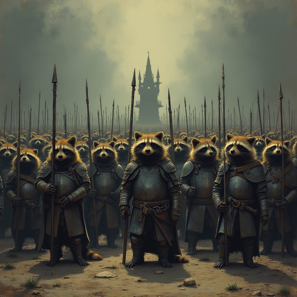 Raccoon Army in Medieval Armor, Ominous Backdrop
