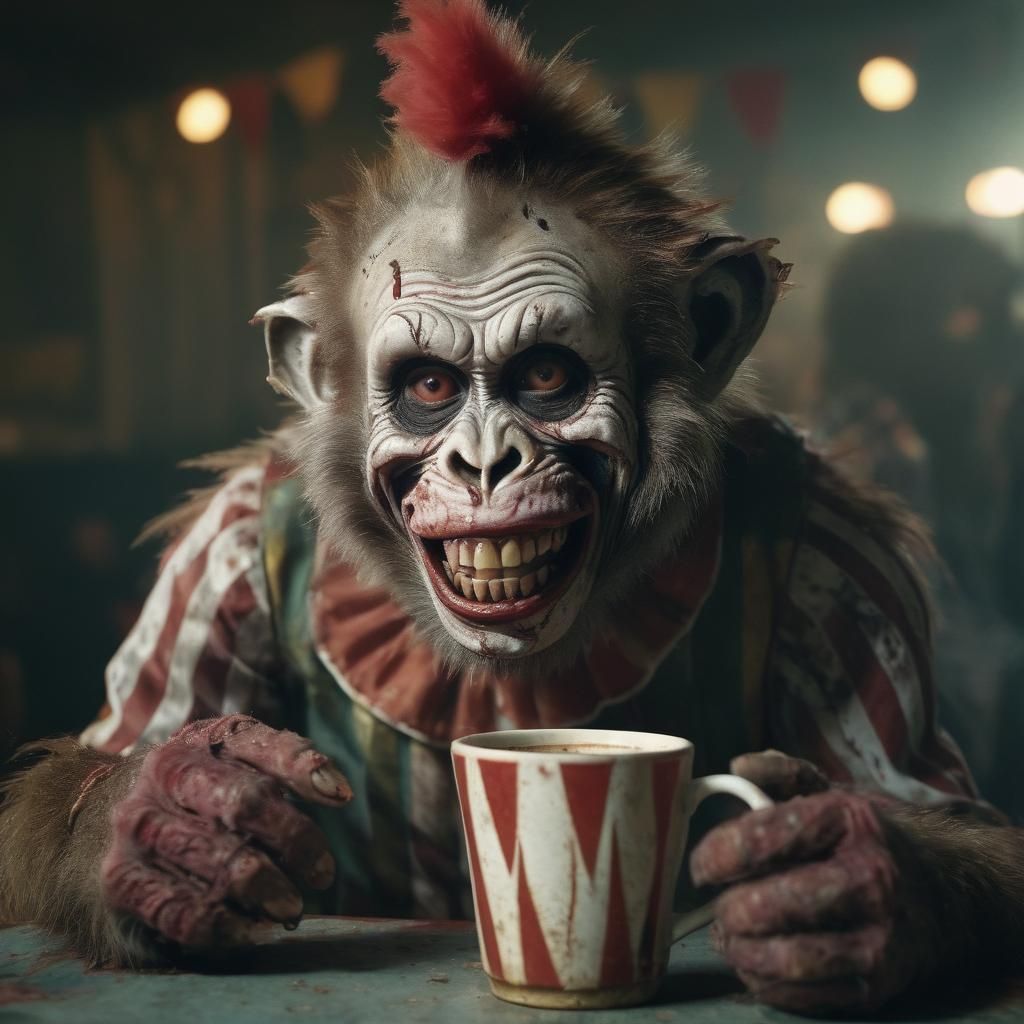 Zombie Monkey Circus Clown Enjoying Coffee: 80s Horror
