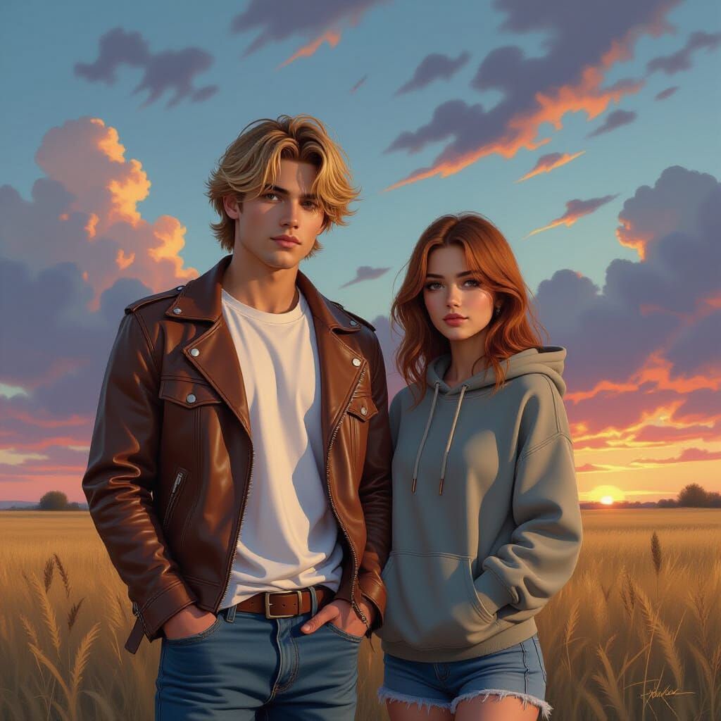 Couple in Deserted Field Under Swirling Pastel Sky